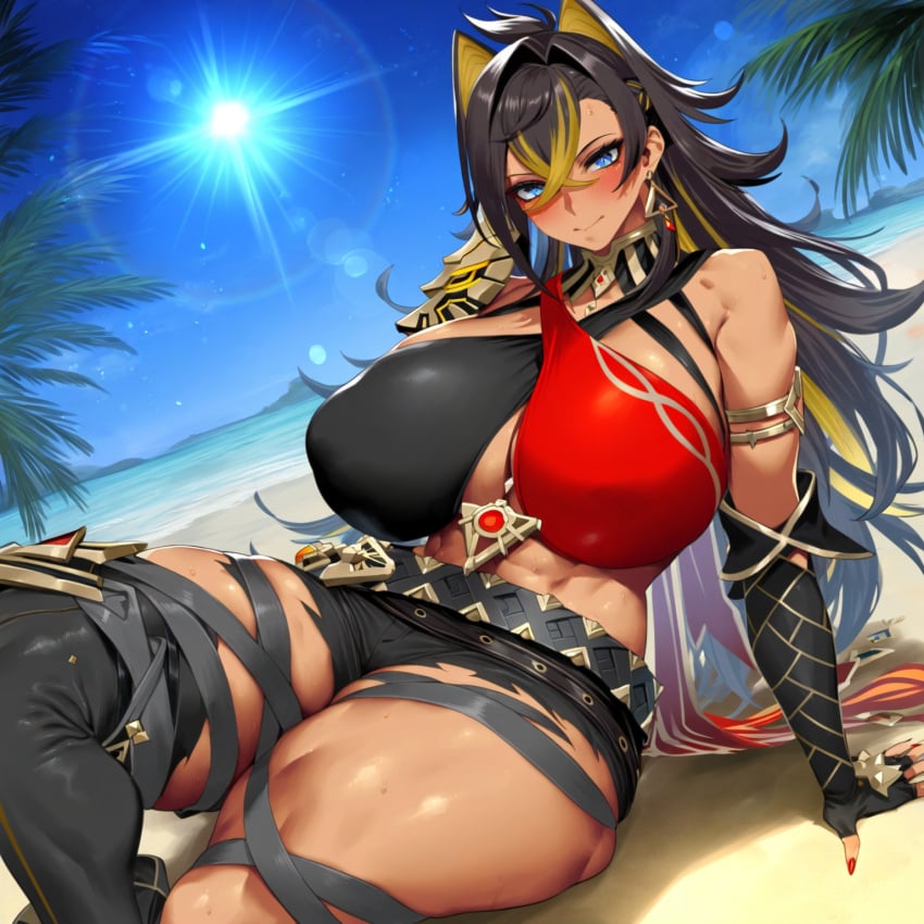 1girls 2vuiai abs ai_generated beach big_breasts big_thighs blush breasts dark-skinned_female dark_skin dehya_(genshin_impact) female female_only genshin_impact gigantic_breasts gigantic_thighs huge_breasts huge_thighs large_breasts large_thighs massive_breasts massive_thighs muscular muscular_arms muscular_female muscular_thighs sitting sitting_on_sand thick_thighs thighs voluptuous