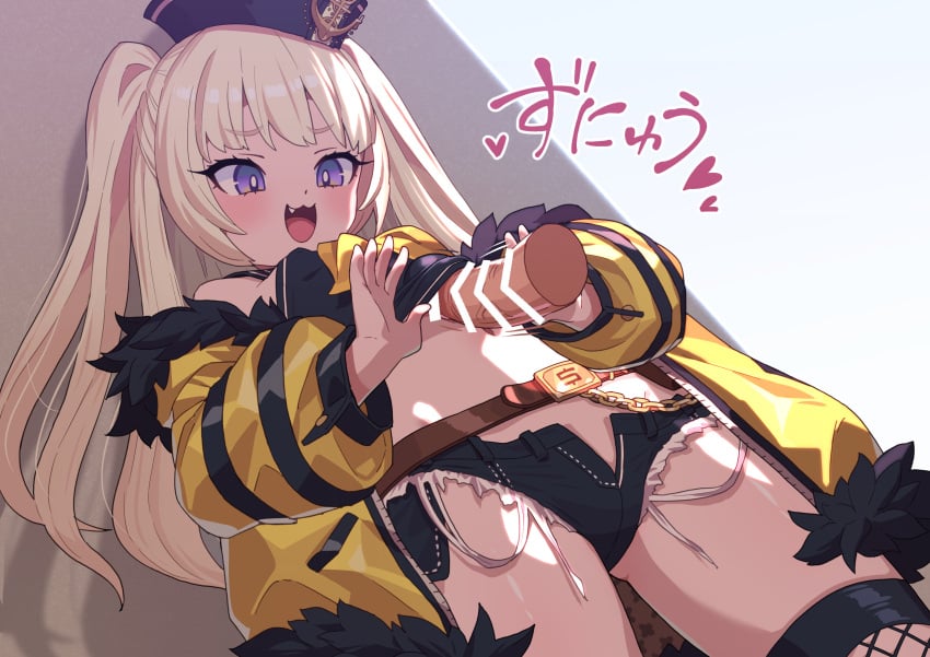 1boy :3 :3d :d ass_visible_through_thighs azur_lane bache_(azur_lane) bar_censor bare_shoulders belt black_hat black_sailor_collar black_shirt black_shorts blonde_hair blush breasts brown_belt censored chains commentary_request cowboy_shot crop_top cutoffs denim denim_shorts disembodied_penis erection female fishnet_thighhighs fishnets from_below fur-trimmed_jacket fur_trim hat highres jacket long_hair long_sleeves looking_at_penis micro_shorts midriff motion_lines navel neckerchief oerba_yun_fang off_shoulder open_clothes open_fly open_jacket open_mouth open_shorts paid_reward_available penis penis_under_another's_clothes purple_eyes robo_mikan sailor_collar sailor_hat shirt short_shorts shorts single_thighhigh sleeveless sleeveless_shirt small_breasts smile solo_focus standing straight thighhighs two_side_up variant_set veins veiny_penis yellow_jacket yellow_neckerchief
