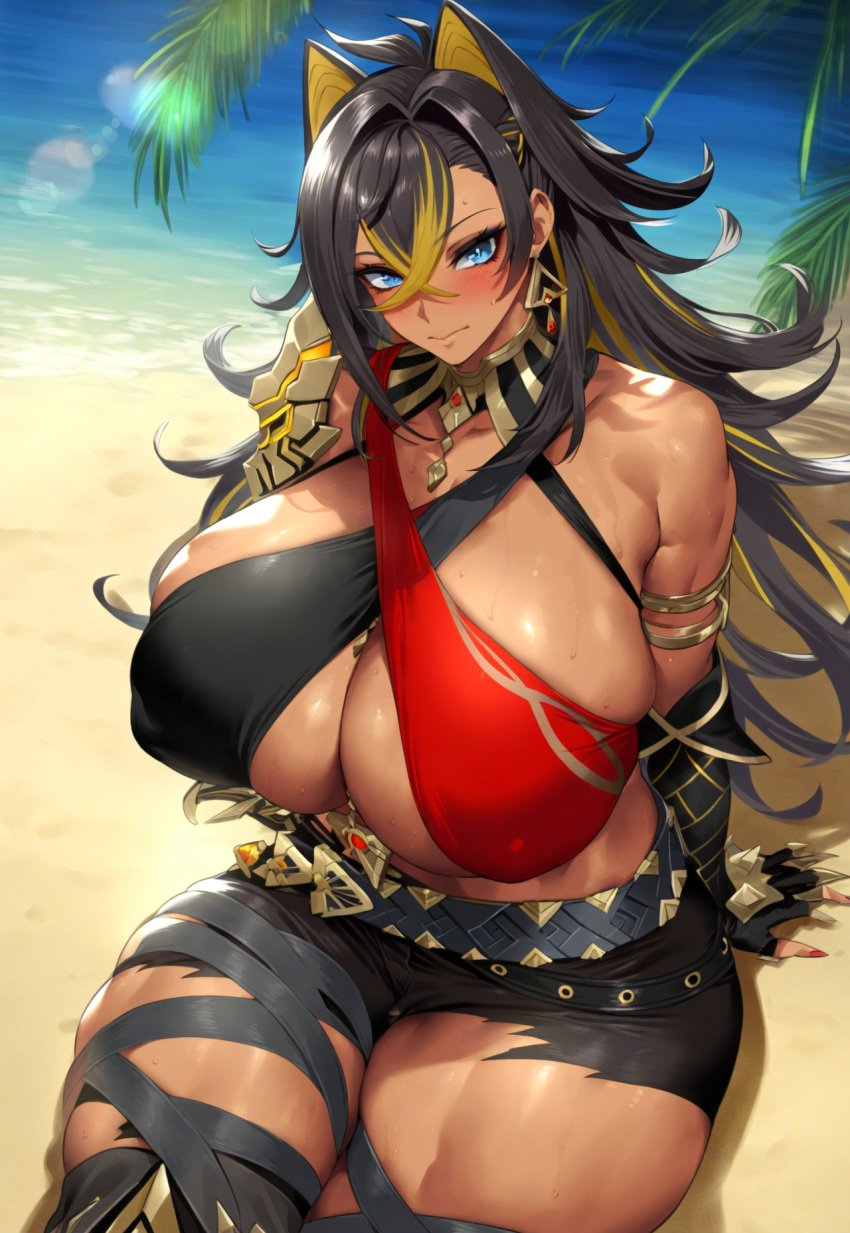 1girls 2vuiai abs ai_generated beach big_breasts big_thighs blush breasts dark-skinned_female dark_skin dehya_(genshin_impact) female female_only genshin_impact gigantic_breasts gigantic_thighs huge_breasts huge_thighs large_breasts large_thighs massive_breasts massive_thighs muscular muscular_arms muscular_female muscular_thighs sitting sitting_on_sand thick_thighs thighs voluptuous