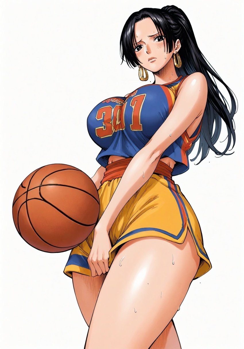 ai_generated alluring almost_naked almost_nude basketball basketball_(ball) basketball_shorts basketball_uniform black_eyes black_hair blush boa_hancock earring earrings female female_only looking_at_viewer one_piece ponytail seducing seduction seductive seductive_body seductive_eyes seductive_gaze seductive_look seductive_mouth seductive_pose shiny_hair shiny_skin snake_earrings steamy_breath sweat sweatdrop sweating sweaty sweaty_body voluptuous voluptuous_female yashin