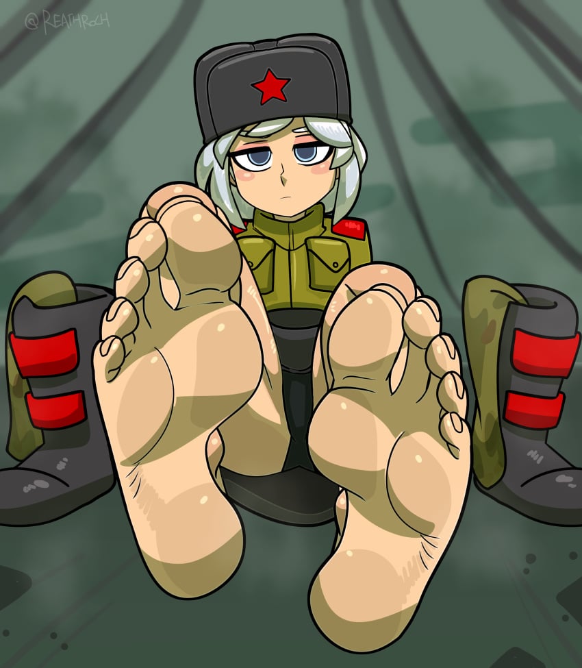 1female 1girl 2024 2024s 2d 2d_(artwork) 2d_artwork aged_up alternate_version alternate_version_available background blue_eye blue_eyed blue_eyed_female blue_eyes blue_eyes_female boots boots_removed camp_camp clothed clothed_female clothing feet feet_fetish feet_focus female female_focus female_only female_solo foot_fetish foot_focus foot_out footwear footwear_removed gray_hat grey_hat hat hat_on hi_res high_resolution highres looking_at_viewer military_uniform neutral_expression pov presenting presenting_feet presenting_foot presenting_to_partner presenting_to_viewer reathroch rooster_teeth russian russian_female russian_girl russian_hat sfw shaded shaded_face solo solo_female solo_focus tagme ushanka vera_(camp_camp) watermark white_hair white_hair_female