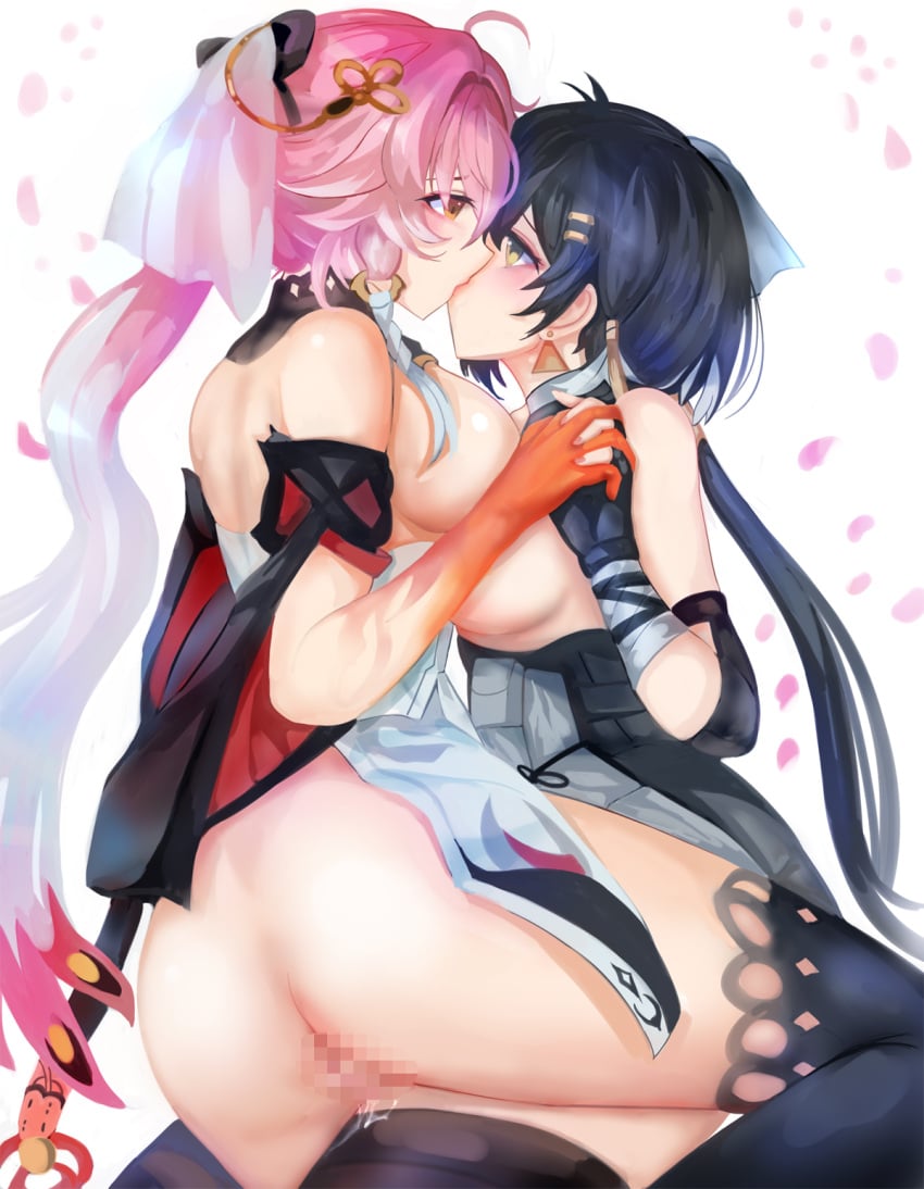 2girls ahoge ass bare_shoulders black_gloves black_hair black_thighhighs blue_hair blush breast-to-breast breast_press breasts changli_(wuthering_waves) dress earrings elbow_gloves eye_contact female_rover_(wuthering_waves) gloves hair_ornament hairclip highres holding_hands interlocked_fingers jewelry kissing large_breasts long_hair looking_at_another multiple_girls nipples pink_eyes pink_hair ponytail pussy rover_(wuthering_waves) saliva short_hair suterisu thighhighs thighs twintails very_long_hair wuthering_waves yellow_eyes yuri