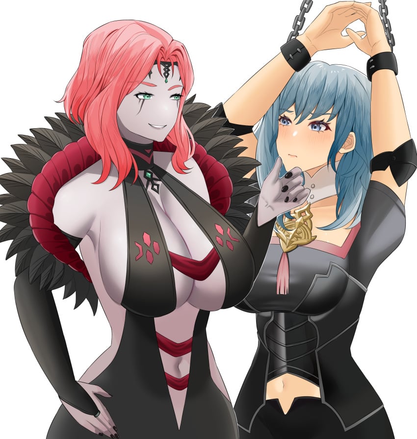 2girls alternate_version_available arms_up black_nails blue_eyes bondage bound breasts bridal_gauntlets byleth_(fire_emblem) byleth_(fire_emblem)_(female) caress caressing_face center_opening chains cleavage cleobulus_(fire_emblem) dress female female_only femdom femsub fire_emblem fire_emblem:_three_houses frown genm7 green_eyes grin hand_on_another's_chin hand_on_another's_face huge_breasts large_breasts medium_hair multiple_girls nail_polish nintendo orange_hair restrained side_slit sideboob smile smirk teal_hair white_background yuri