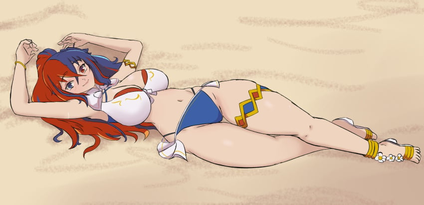 1girls alear_(female)_(fire_emblem) alear_(fire_emblem) alternate_costume alternate_hairstyle armpits bare_arms bare_legs bare_midriff beach bikini blue_bikini blue_eyes blue_hair blue_swimsuit breasts cleavage female female_only fire_emblem fire_emblem_engage flower heterochromia high_heels hourglass_figure in2naps large_breasts legs long_hair looking_at_viewer midriff multicolored_hair nintendo official_alternate_costume official_alternate_hairstyle on_back outdoors red_bikini red_eyes red_hair red_swimsuit smile solo swimsuit thick_thighs very_long_hair white_bikini white_swimsuit wide_hips