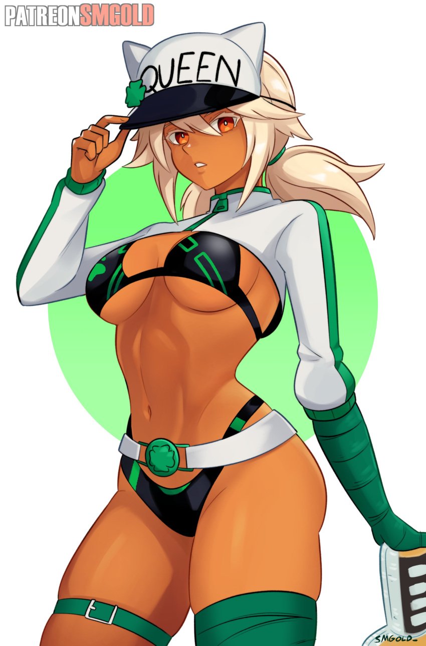 belt bikini breasts dark_skin female_focus guilty_gear guilty_gear_strive headwear medium_breasts ramlethal_valentine smgold solo_female thighs wide_hips