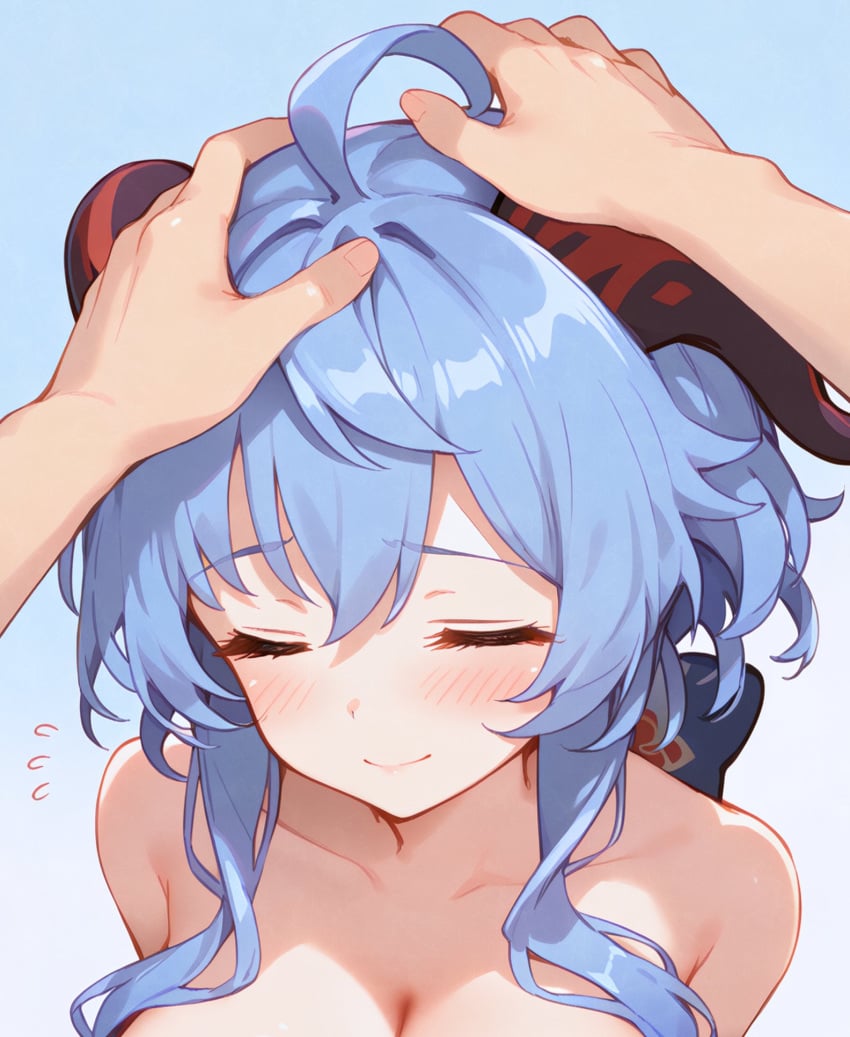 1other ai_generated blue_hair blush breasts cleavage closed_eyes closed_mouth female ganyu_(genshin_impact) genshin_impact head_pat horns medium_breasts mihoyo smile unajyu wholesome