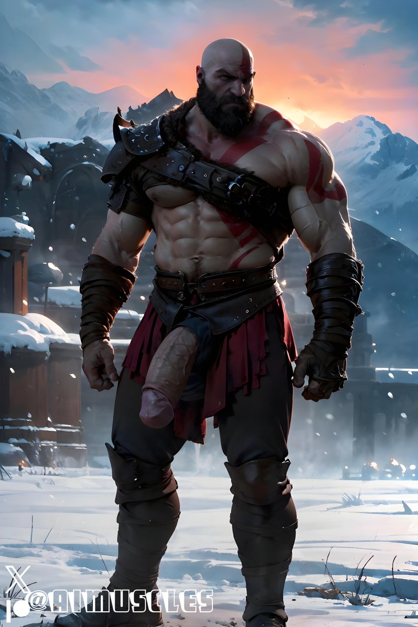 1boy ai_generated aimuscles bald bald_man bara barely_clothed barely_covered beard big_penis daddy dilf facial_hair god_of_war kratos large_penis looking_at_viewer male male_focus male_only mature_male muscles muscular muscular_arms muscular_ass muscular_back muscular_legs nature nature_background older_male outdoor_nudity outdoors partially_clothed_male partially_nude partially_undressed penis penis_sticking_out public_exposure red_markings red_skirt scantily_clad snow snowy_background winter