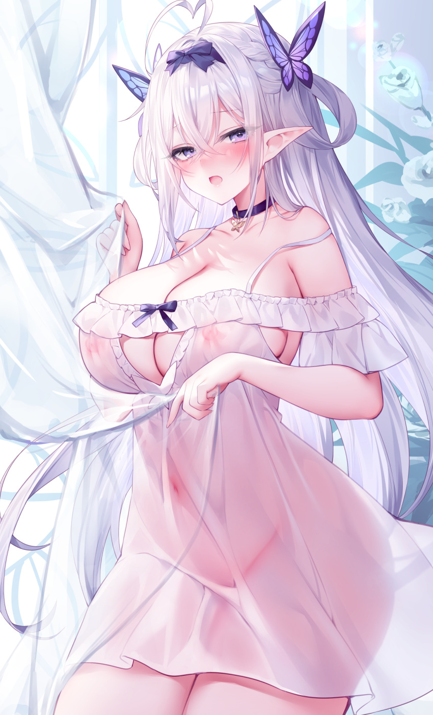 1girls breasts elf elf_ears elf_female female huge_breasts light-skinned_female light_skin lingerie long_hair nipples_visible_through_clothing original original_character see-through see-through_clothing sora_72-iro thick_thighs white_hair wide_hips