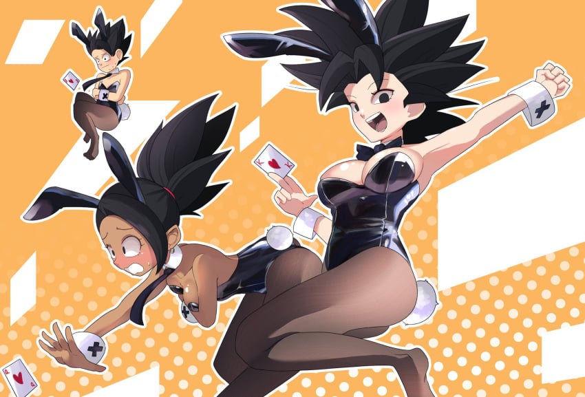 1boy 2girls armpits black_hair breasts bunny bunny_ears cabba caulifla dark-skinned_female dark_skin dragon_ball dragon_ball_super female hair_ornament kale kale_(dragon_ball) large_breasts multiple_girls navietta