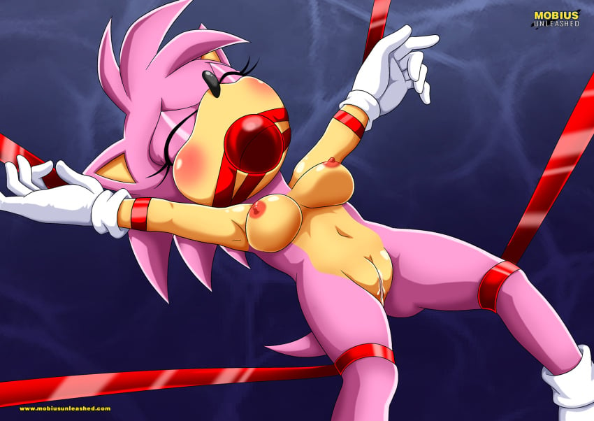 1girls amy_rose ball_gag bbmbbf blush bondage breasts classic_amy_rose closed_eyes female female_only gloves mobius_unleashed nipples nude palcomix pussy pussy_juice ribbon ribbon_bondage sega socks solo sonic_(series) sonic_cd sonic_the_hedgehog_(series)