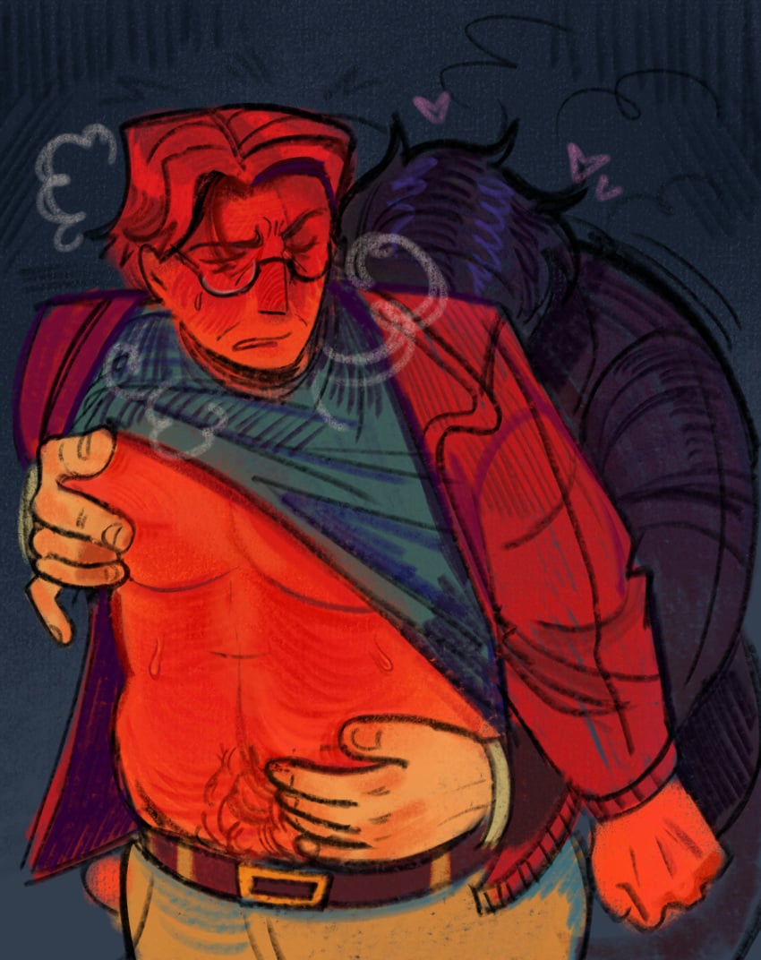 2boys clothed dilf foreplay gay hand_on_belly hand_on_chest male/male male_focus male_only morris_(stardew_valley) old_man_yaoi petting pierre_(stardew_valley) pubic_hair shirt_lift standing_behind stardew_valley steamy_breath tan_body touching vilochkaa