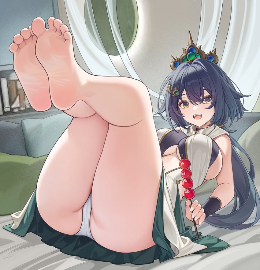 1girls barefoot catsmoon feet feet_up food foot_fetish holding_food honkai:_star_rail huge_ass huge_thighs large_breasts looking_at_viewer open_mouth panties sideboob smile soles tanghulu thick_thighs toes underboob wide_hips yunli_(honkai:_star_rail)