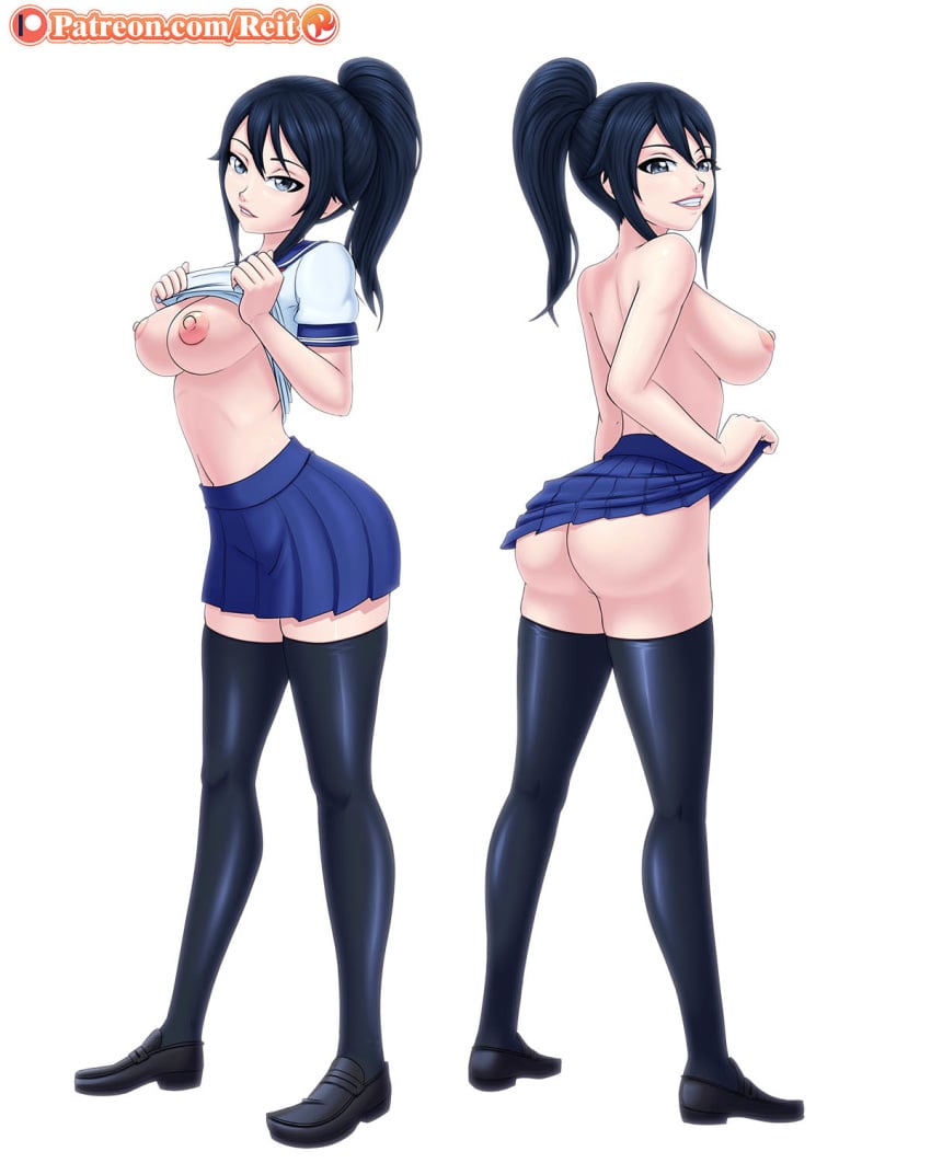 1girls 2018 2d 2d_(artwork) areolae artist_name ass ayano_aishi backboob big_breasts black_hair blue_eyes blue_skirt breasts female female_only female_protagonist human human_female human_male human_only light-skinned_female light_skin looking_at_viewer medium_breasts nipples no_sex not_ai_generated pale-skinned_female pale_skin patreon patreon_username ponytail presenting presenting_ass presenting_breasts presenting_to_viewer realistic_breast_size realistic_proportions reit school_girl school_uniform schoolgirl self_upload shirt_lift shoes simple_background skirt skirt_lift smile smiling_at_viewer solo solo_female straight_hair tease teenage_girl teenager thighhighs topless undressing uniform url video_game_character video_games white_background yandere yandere-chan yandere_simulator