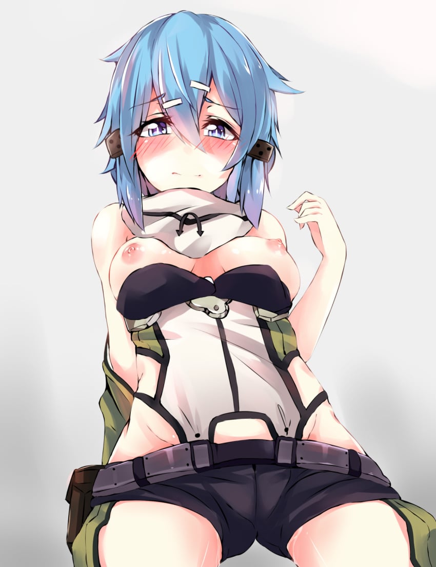 angry_num asada_shino bad_id bad_pixiv_id blue_eyes blue_hair blush breasts embarrassed female grey_background gun_gale_online hair_ornament hairclip highres looking_at_viewer medium_breasts nipples pov scarf short_hair shorts sinon smile solo sword_art_online sword_art_online:_phantom_bullet