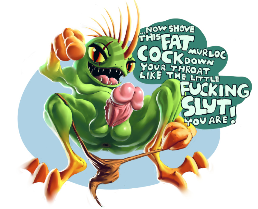 3_toes balls big_balls big_penis clothes dialogue english_text erection ikiki loincloth male male_only murloc open_mouth penis pointing profanity solo_male talking_to_viewer text thick_penis veiny_penis world_of_warcraft