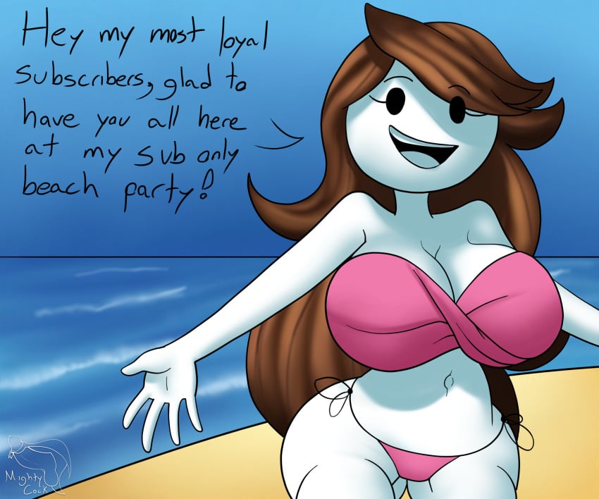 beach big_breasts bikini brown_hair english_text female jaiden jaiden_animations mightycock mob_face solo_focus stickman youtube youtuber