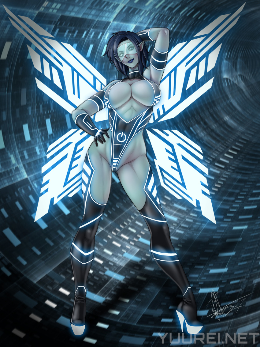 armlet black_hair blue_eyes breast cleavage fairy female gloves glowing hand_on_hip high_heel_boots high_heels highres large_breasts lipstick looking_at_viewer makeup multi_wing neon_trim original platform_footwear platform_heels pointy_ears pose power_symbol raised_arm short_hair smile solo standing wings yuureikun