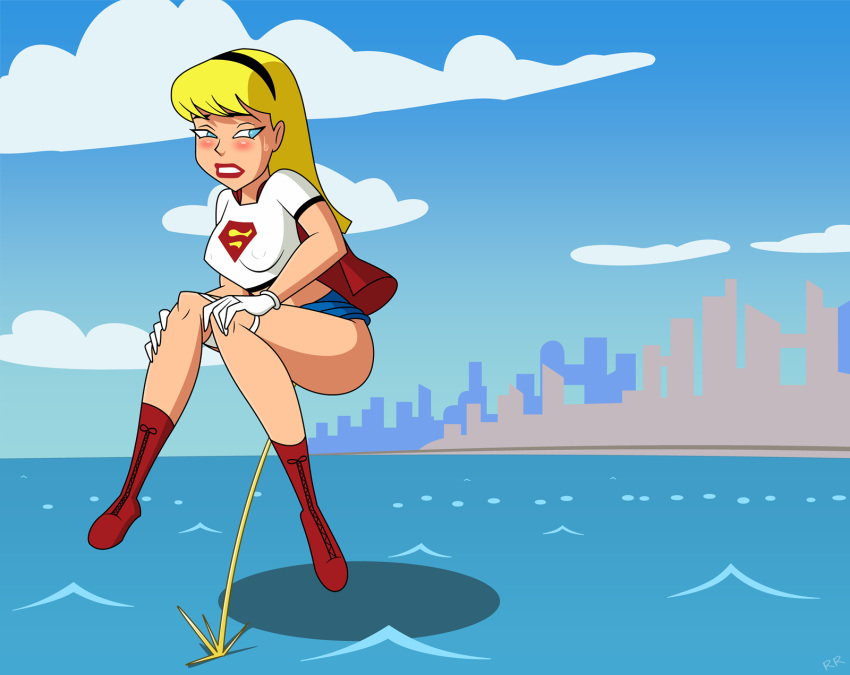 blonde_hair blue_eyes blush clothing dc dc_comics dcau female female_only linda_danvers panties_down peeing randomrandom skirt solo supergirl superman:_the_animated_series superman_(series) tagme urine