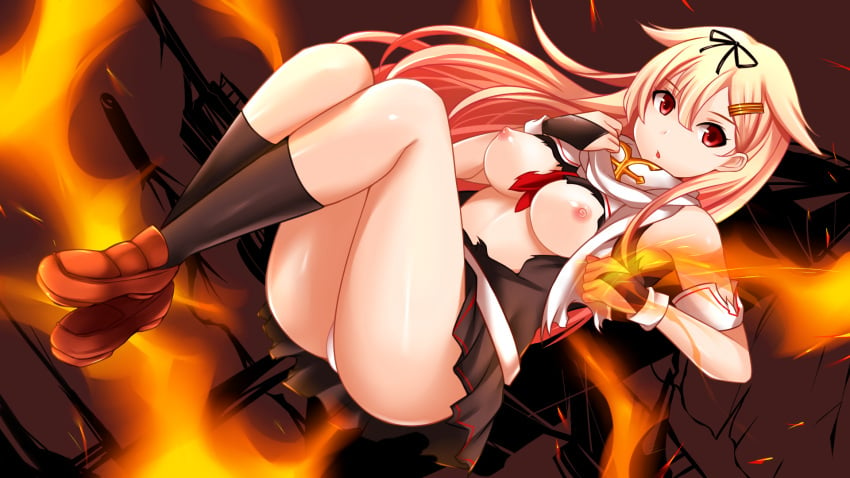 :o armband between_breasts black_gloves black_legwear black_ribbon black_serafuku black_shirt black_skirt blonde_hair blush breasts brown_footwear female fingerless_gloves fire flame full_body gloves hair_between_eyes hair_flaps hair_ornament hair_ribbon hairclip highres kantai_collection kneehighs loafers looking_at_viewer medium_breasts neckerchief nipples panties pantyshot parted_lips pleated_skirt red_eyes remodel_(kantai_collection) ribbon scarf school_uniform serafuku shirt shoes skirt sleeveless sleeveless_shirt solo torn_clothes torn_shirt torpedo underwear upskirt white_panties white_scarf yoshimo yuudachi_(kantai_collection)