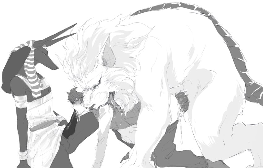 3boys anubis deity demon feline furry gay group group_sex human interspecies kelaruj lion male male_only mammal monochrome sex size_difference threesome tumblr yaoi