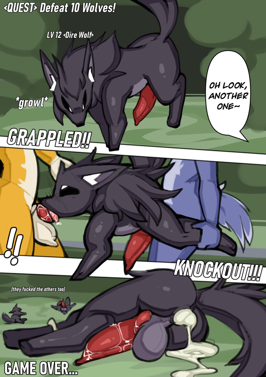 anal animal_genitalia animal_penis black_body black_fur blue_body blue_fur bodily_fluids canid canine canine_genitalia canine_penis comic cum cum_from_ass cum_in_ass cum_inside deep_throat defeat_sex dire_wolf fellatio feral feral_penetrated fluffy_fur forest fur genital_fluids genitals group growling hi_res instant_loss_2koma lying male male/male mammal multicolored_body multicolored_fur npc5554 on_side oral oral_penetration penetration penile penis plant prehistoric_species quest sex side_view spitroast tree trio two_tone_body two_tone_fur yellow_body yellow_fur