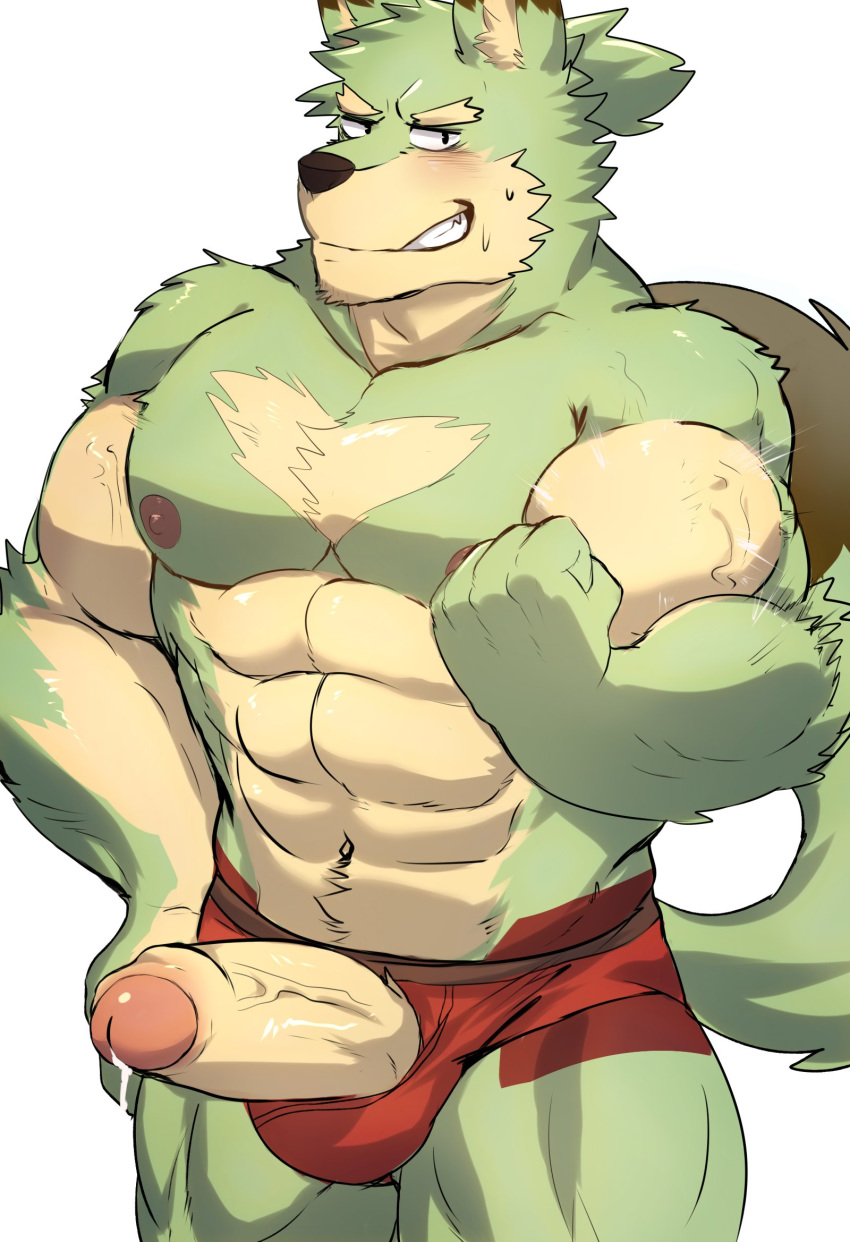 2018 abs anthro biceps big_muscles canine fur hi_res humanoid_penis kemono male male_only mammal moji mono_g multicolored_fur muscular muscular_male penis