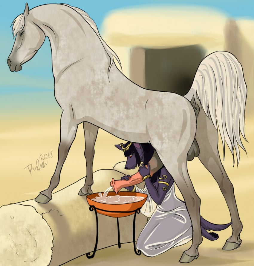 ambiguous_gender animal_genitalia animal_penis anthro anthro_on_feral anubis anus balls black_hair canine closed_eyes deity equine equine_penis erection feral fur grey_fur hair handjob horse horsecock interspecies jackal larger_feral male male/ambiguous mammal penis penis_milking pink_penis red_eyes rufciu sex white_fur white_mane zoophilia