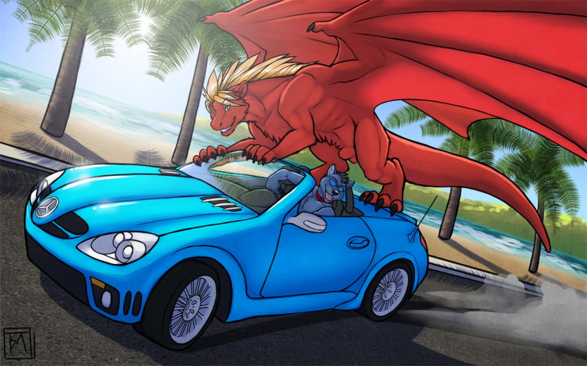 animal_genitalia anthro balls beach canine car dragon duo eyewear feral fur hair male male_only mammal mercedes-benz outside seaside sheath sunglasses tsaiwolf twile vehicle