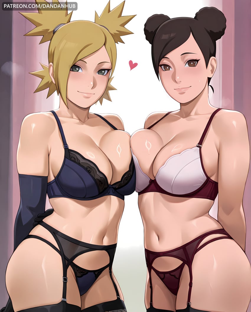 2girls ai_generated arms_behind_back asymmetrical_docking bare_shoulders black_garter_belt black_gloves black_hair blonde_hair blue_bra blue_panties blush boruto:_naruto_next_generations boruto:_two_blue_vortex bra breast_press breasts brown_eyes brown_hair cleavage closed_mouth collarbone crossover dandanhub double_bun elbow_gloves female female_only garter_belt gloves green_eyes hair_bun heart large_breasts lingerie looking_at_viewer mature_female multiple_girls naruto naruto_(series) naruto_shippuden navel panties quad_tails red_bra red_panties short_hair smile stomach symmetrical_docking take_your_pick temari tenten thighhighs thighs underwear underwear_only white_bra