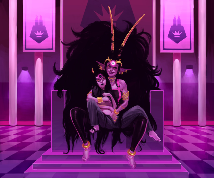 2013 2girls anklet barefoot black_hair bondage bracelet clothed duo earrings feet female femdom femsub fin_piercing fingering fingering_partner fins glasses glubonit grey_skin homestuck horns jewelry long_hair mind_control ms_paint_adventures multiple_girls partially_clothed the_condesce throne troll vriska_serket yuri