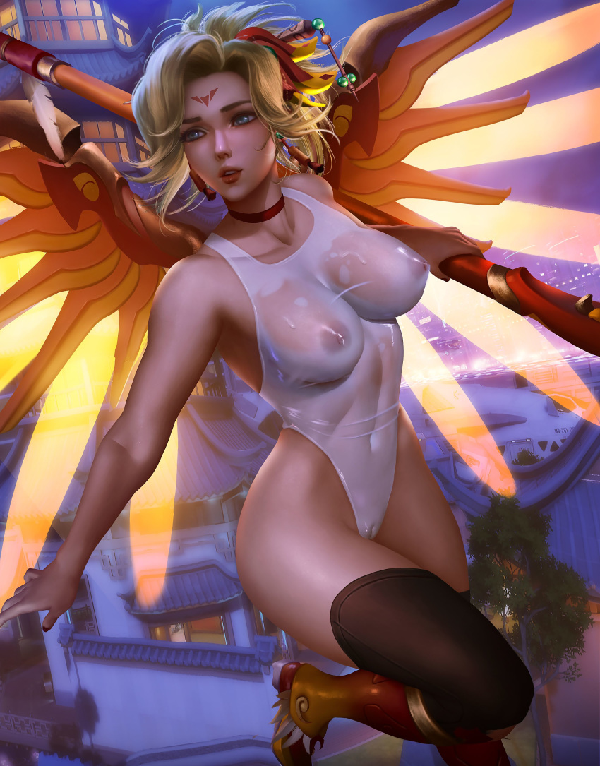 1girls absurdres alternate_costume areolae blizzard_entertainment breasts female female_only highres lijiang_tower_(map) logan_cure lunar_new_year lunar_new_year_series mercy nipple_bulge nipples nipples_visible_through_clothing overwatch pussy see-through solo thighhighs wet year_of_the_dog zhuque_mercy