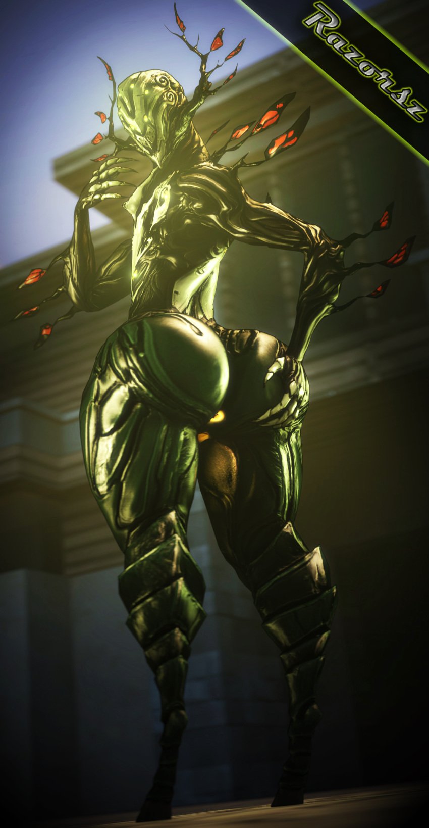 2018 3d ass big_butt feet female fingers glowing hi_res humanoid leaves looking_at_viewer looking_back machine nude oberon_(warframe) pinup pose razorsz robot rule_63 solo source_filmmaker thick_thighs video_games warframe