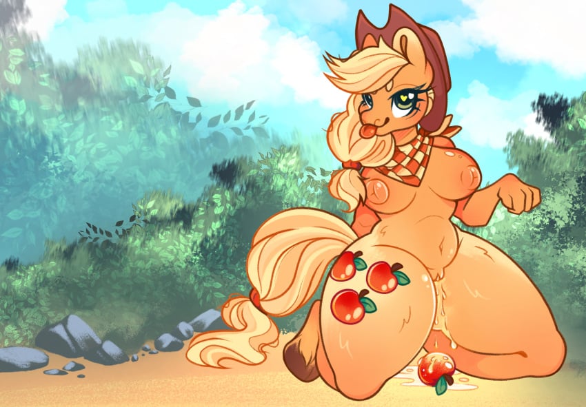 anthro applejack_(mlp) ass big_breasts blonde_hair bodily_fluids breasts clothing cutie_mark digital_media_(artwork) earth_pony equid equine female feral friendship_is_magic fur genitals green_eyes hair hasbro hat headgear headwear hi_res horse looking_at_viewer mammal my_little_pony mythology nipples nude pony pussy smile solo sparky_sparks tail tongue