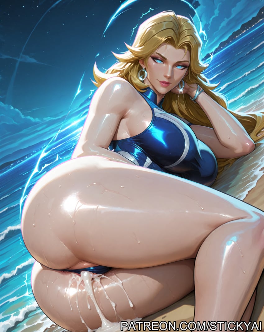 ai_generated beach blonde_hair blue_eyes cum cum_overflow invisible_woman invisible_woman_(marvel_rivals) marvel marvel_comics marvel_rivals night ocean sand sue_richards sue_storm superheroine