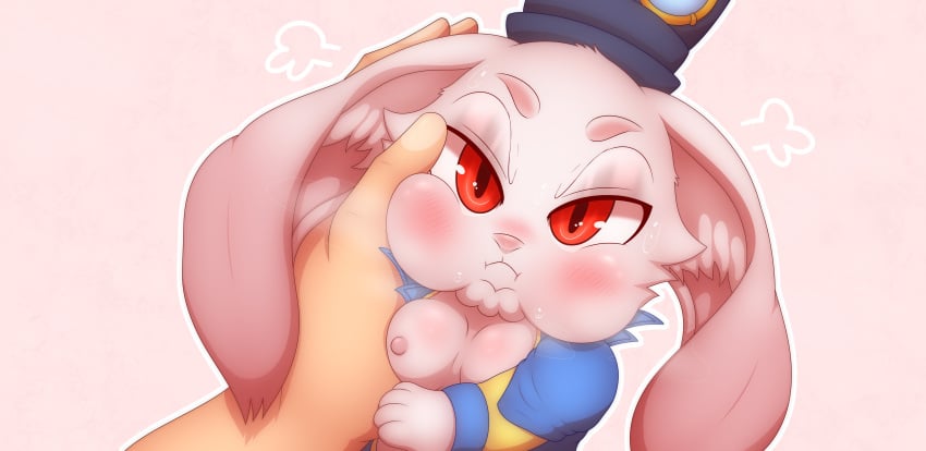 absurd_res blush breast_squeeze breasts emul_(shangri-la_frontier) female feral first_person_view hi_res highoncoffee holding_cheek human lagomorph leporid male mammal rabbit size_difference small_breasts solo squeezing vorpal_bunny