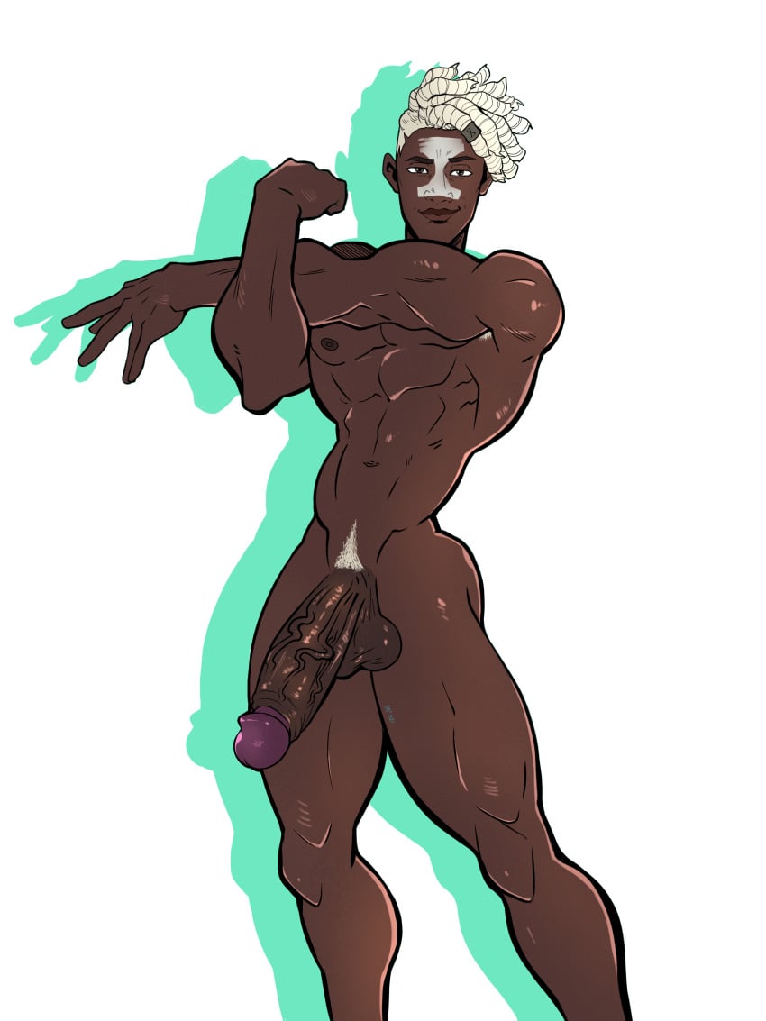 1boy abs arcane arcane_ekko big big_balls big_penis dark-skinned_male dark_male_only ekko ekko_(league_of_legends) flexing flexing_arms gay league_of_legends male melanin moon421_celes muscular muscular_male pecs pubic_hair riot_games smiling smiling_at_viewer solo_focus solo_male veiny veiny_penis