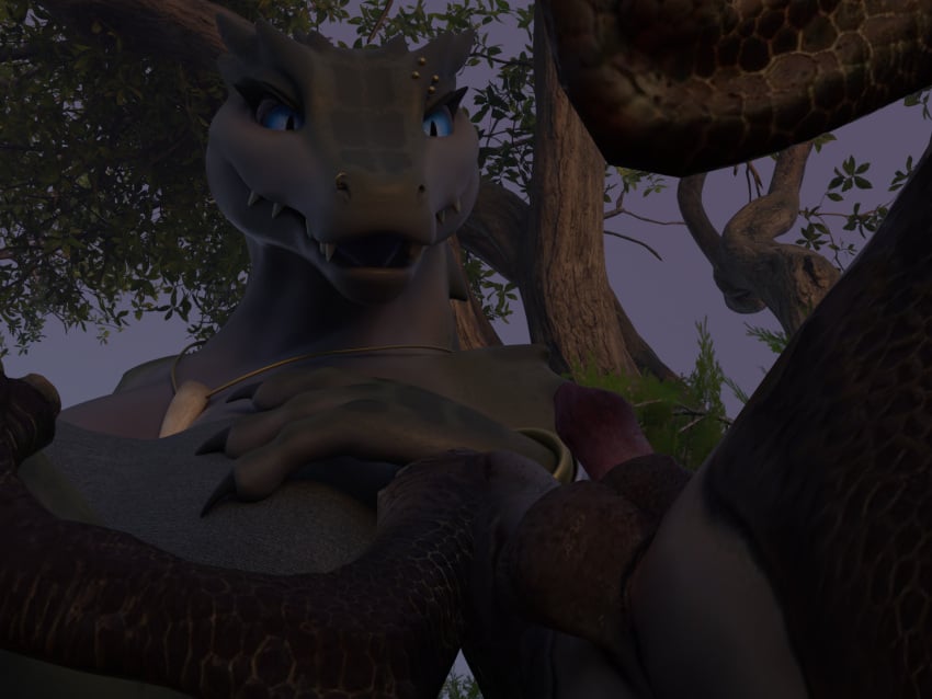3d 4:3 animal_genitalia anthro balls black_body blue_eyes clothing crocodilian cthulhu_mythos digital_media_(artwork) duo female feral flailingfornication genitals grass green_body h._p._lovecraft hi_res hound_of_tindalos jewelry kroxigor_(vulgarvictor) lying on_back outside penis plant reptile scalie sheath sitting sleeping surprised_expression tail teeth tree