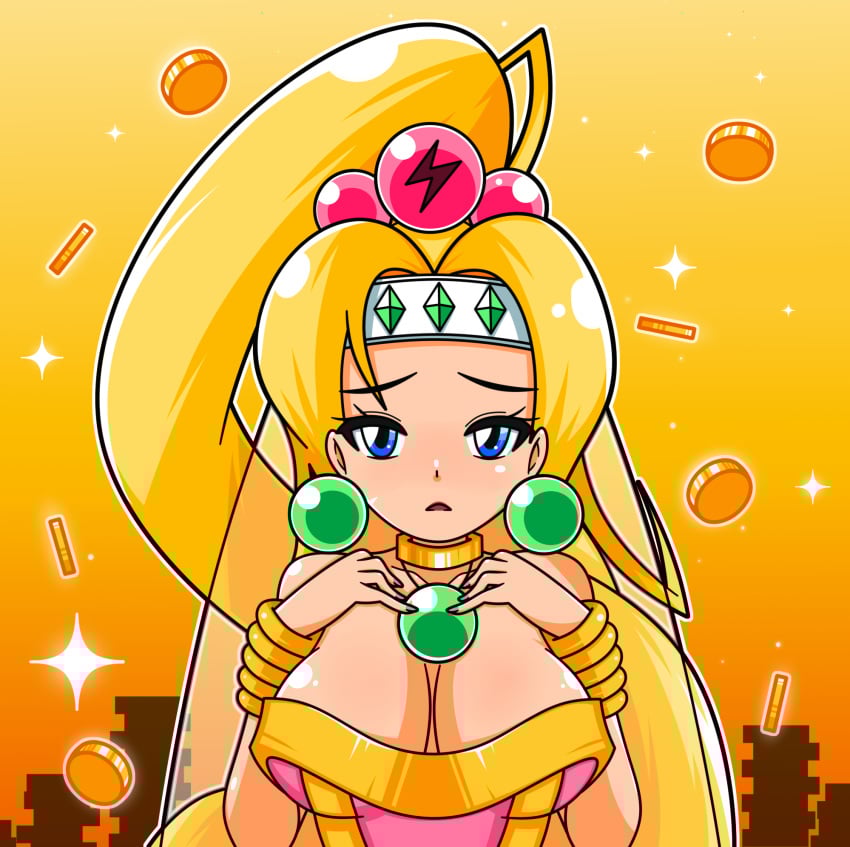 asha_in_monster_world big_breasts blonde_hair blue_eyes breasts cleavage cleavage_focus earrings gold gold_bracelet gold_choker gold_jewelry monster_world_(series) monster_world_4 monster_world_iv platformer ponytail princess princess_purapril purapril_xiii rpg sega sega_genesis video_game video_game_character video_game_franchise video_games wonder_boy wonder_boy_(series)