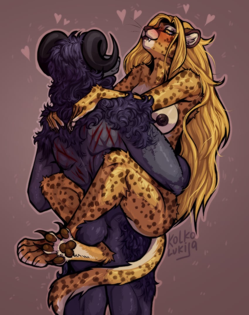 anthro blonde_hair blood blush bodily_fluids bovid brown_pawpads caprine cheetah claws curled_fur curls dark_nipples duo felid feline female fur grey_body grey_fur hair hi_res horn hug kolkolukija long_tail male male/female mammal markings messy_hair pawpads paws penetration pupils scratches sex sheep short_tail slit_pupils spots spotted_markings tail vaginal_penetration vaginal_penetration wounded