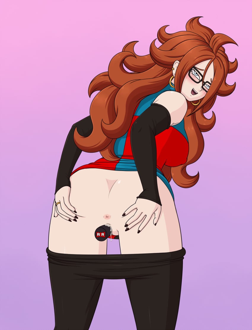 android_21 android_21_(human) anus backside blue_eyes blush bottomless breasts brown_hair dildo dragon_ball dragon_ball_fighterz earrings female glasses long_hair looking_at_viewer looking_back looking_up nail_polish open_mouth pants_down pleasure_face pussy pussy_juice pussy_juice_drip rapps ring shirt sideboob smile solo spread_anus standing