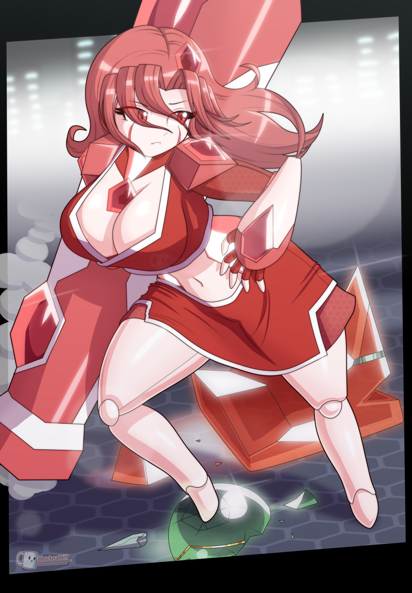 1girls android barely_clothed breasts cannon cannon_tower female gemstone gijinka hair_ornament hips infinitode luckerabbit6 luckerabbit9 mrlucke red_eyes red_hair robot robot_girl robot_joints tagme thigh
