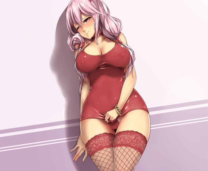 blush cropped fishnet_stockings guilty_crown hand_between_legs huge_breasts pack_er_5 packge pink_eyes pink_hair red_dress red_panties red_stockings stockings tagme thighhighs yuzuriha_inori