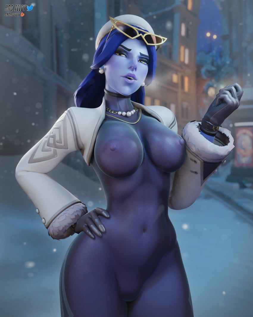 1girls 3d blizzard_entertainment breasts female hasfeldt long_hair looking_at_viewer medium_breasts overwatch overwatch_2 solo widowmaker winter winter_chic_widowmaker