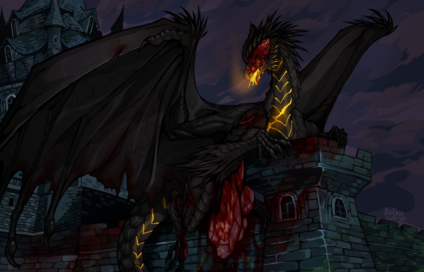 absurd_res battle belly blood blood_on_face bodily_fluids brain castle castle_wall dragon feral gore guts gutted hi_res innards intestines kolkolukija male mutilation mythological_creature mythological_scalie mythology open_mouth open_skull organs scalie simple_background sky solo spikes tired tired_look wound_on_head wound_on_torso wounded