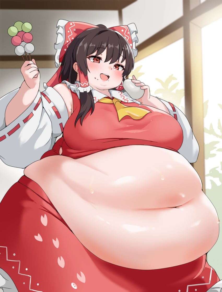 bbw belly_overhang big_belly big_female blush blush chubby chubby_female double_chin eating embarrassed fat fat_arms fat_ass fat_female fat_fetish fat_girl fat_rolls fat_woman fatty huge_belly large_female massive_belly morbidly_obese morbidly_obese_female nerizou obese obese_female overweight overweight_female pig plump pork_chop reimu_hakurei thick_thighs touhou tubby weight_gain