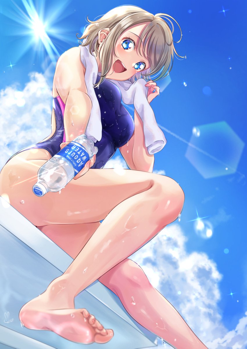 absurdres back blue_eyes blush breasts brown_hair cloud cloudy_sky competition_swimsuit cumulonimbus_cloud female grey_hair highres knee_up large_breasts light_particles light_rays looking_at_viewer love_live! love_live!_sunshine!! one-piece_swimsuit open_mouth outdoors reaching reaching_towards_viewer school_swimsuit sitting sky soles sports_drink sun sunlight swimsuit teeth towel upper_teeth_only watanabe_you water wet