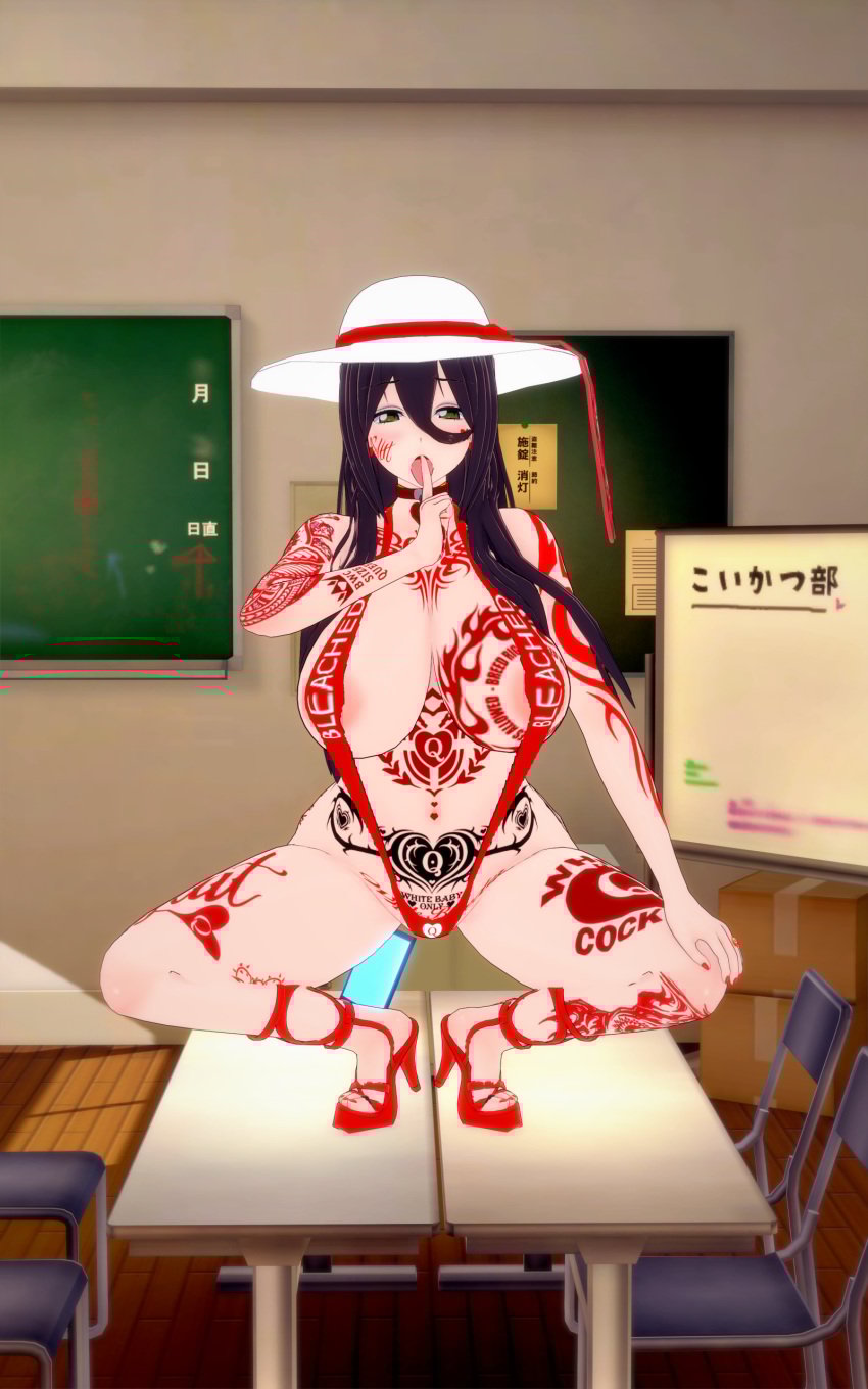 1girls 3d big_breasts black_hair bleached body_writing breasts desk earrings female female_only finger_to_mouth green_eyes hat high_heels huge_breasts koikatsu looking_at_viewer open_mouth original queen_of_hearts queen_of_hearts_tattoo raceplay red_high_heels red_nails red_swimsuit sling_bikini slingshot_swimsuit solo spread_legs squatting tattoo tongue tongue_out wide_hips