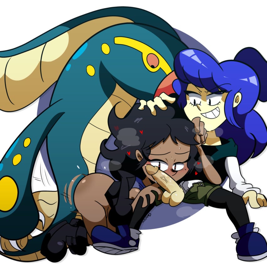 1futa 2boys 2boys1futa 2boys1girl amanda_(nekohappix) black_hair blush boots clothed_sex clothing eelektross generation_5_pokemon hand_on_head heart implied_penetration implied_sex jacket lilysona_(nebulapixels) male nebulapixels penis_in_face pokemon pokemon_(species) pokephilia purple_hair red_eyes shorts tan_skin threesome trans_woman transfem unzipped_pants