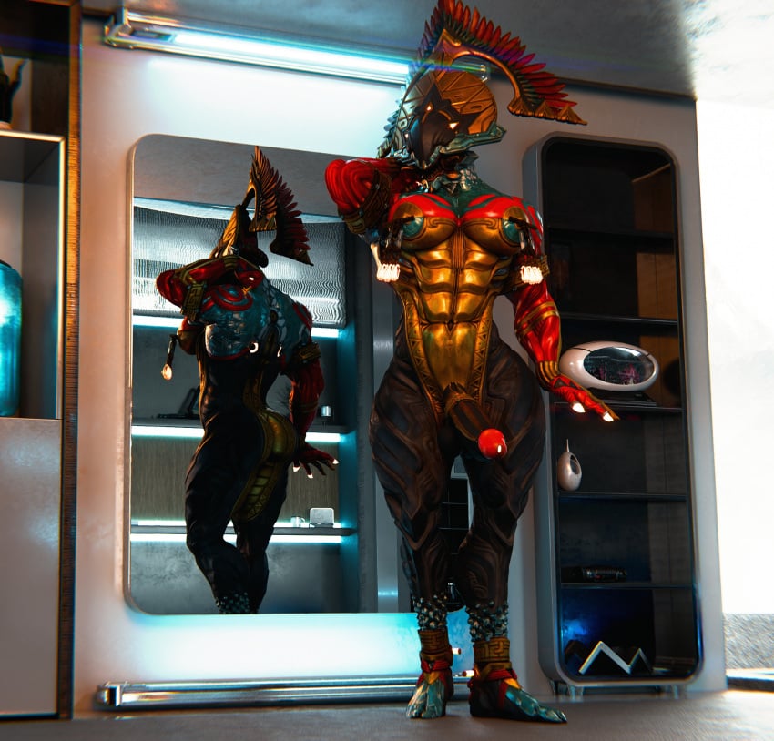 2024 3d abs ass balls big_butt big_pecs blender_(artwork) digital_extremes digital_media_(artwork) erection feathered_crest feathers genitals glans glowing head_crest hi_res humanoid humanoid_genitalia humanoid_penis machine male mirror multicolored_body muscular muscular_male navel nipple_tassels nipples nude outofnecessity pecs penis pose red_glans reflection robot robot_humanoid solo standing styanax_(warframe) styanax_tonatiuh tencent thick_thighs warframe warframe_(species)