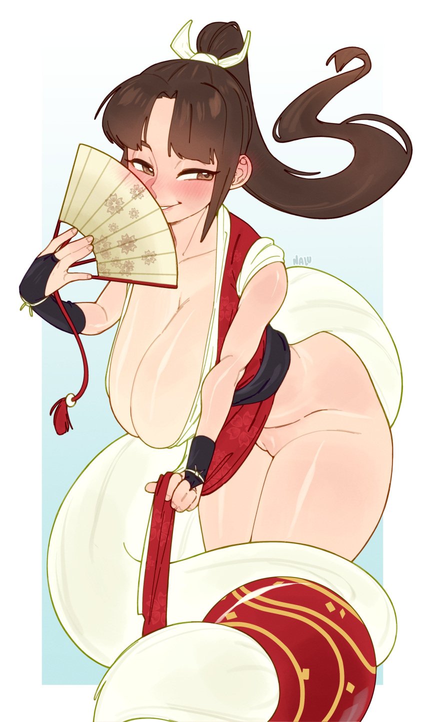 1girls big_breasts blush breasts brown_eyes brown_hair cleavage exposed_pussy fatal_fury female female_only folding_fan hair hair_ornament hips huge_breasts king_of_fighters mai_shiranui nalu_(artist) pelvic_curtain ponytail pussy revealing_clothes skimpy skimpy_clothes smile solo solo_female thighs vagina